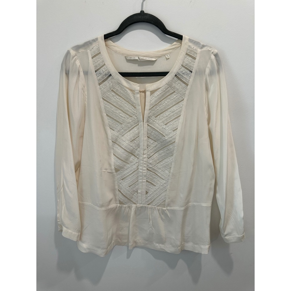 Twelfth Street by Cynthia Vincent Ivory Lace Lattice Silk Blend Blouse Ivory S
